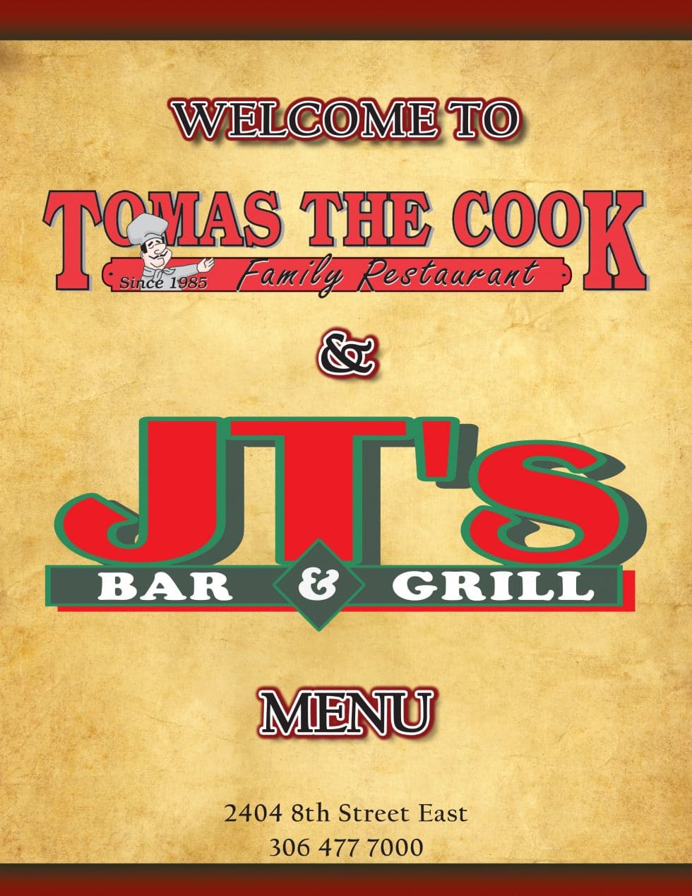 Menu JT's Sports Bar & Grill