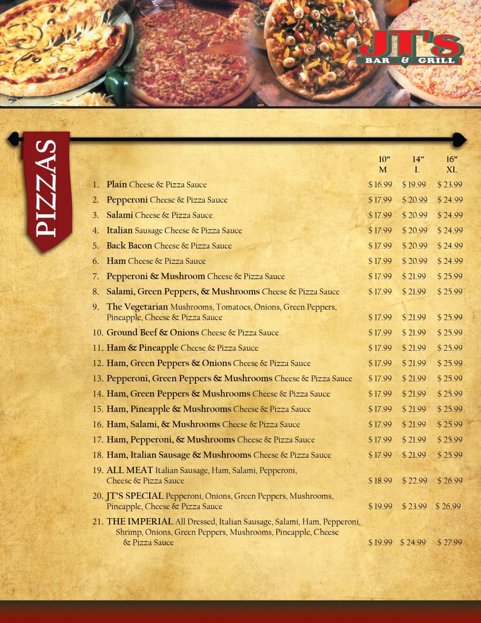 Menu JT's Sports Bar & Grill